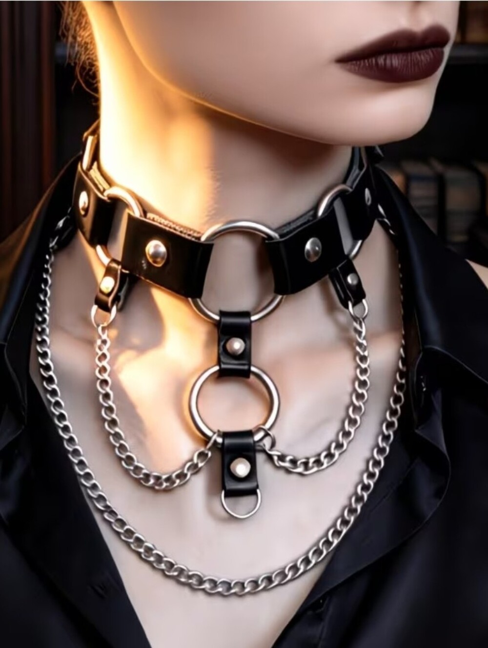 Black Pu Leather Chain Harness Choker Necklace